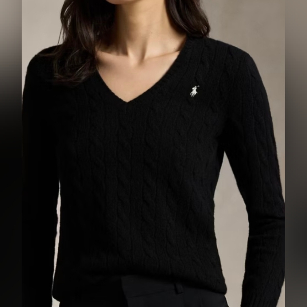 Polo Ralph Lauren | Cable-Knit Wool-Cashmere V-Neck Sweater in navy, size SP